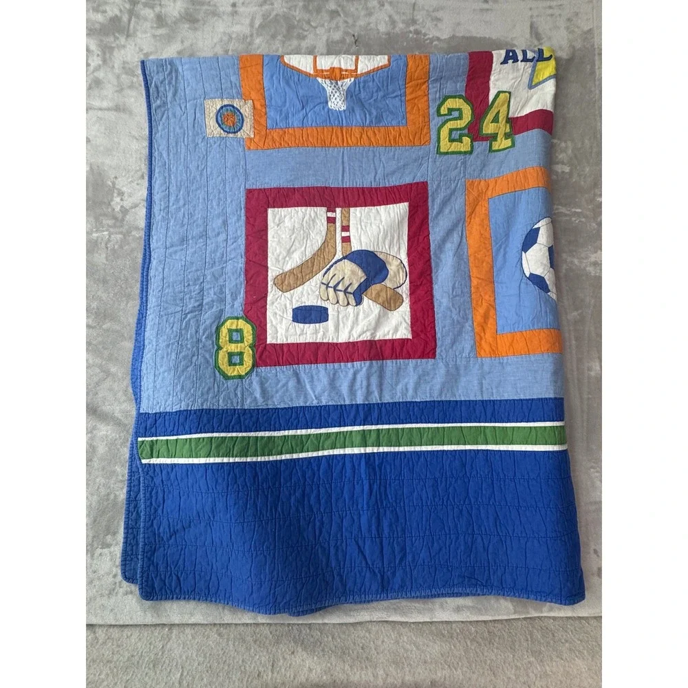 Vintage Sports Patchwork Quilt Blanket All Star Baseball Basketball Soccer Blue